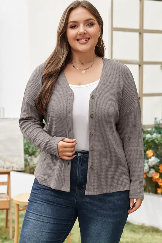 Simply Taupe Waffle Knit Drop Shoulder Button V Neck Plus Size Top sold by Beagle Boutique