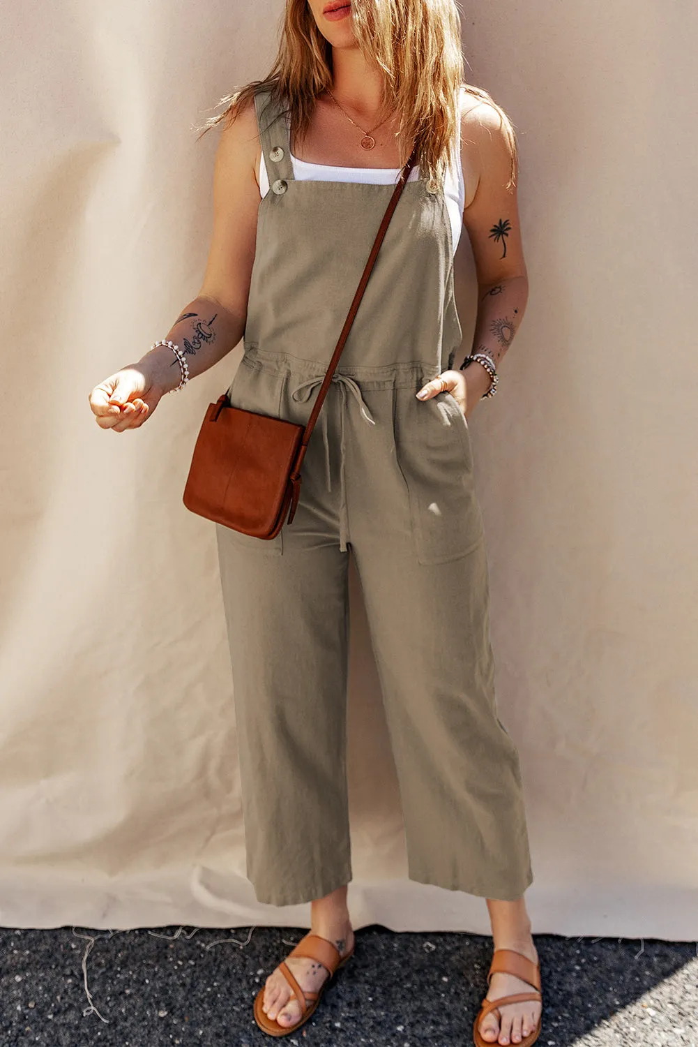 Sage Green Drawstring Buttoned Straps Cropped Overall sold by Beagle Boutique