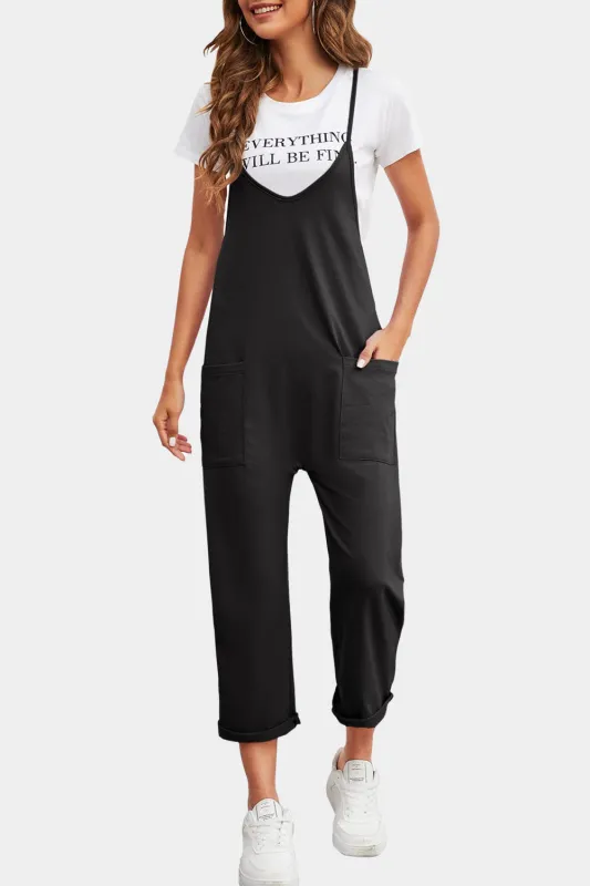 Black Pocketed Adjustable Spaghetti Strap Straight Leg Jumpsuit sold by Beagle Boutique