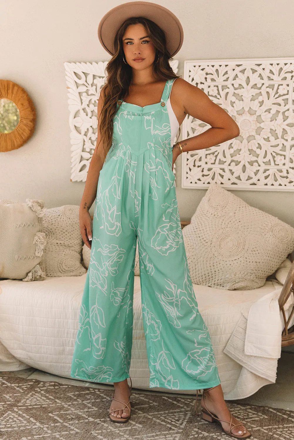 Moonlight Jade Printed Bib Wide Leg Overalls sold by Beagle Boutique