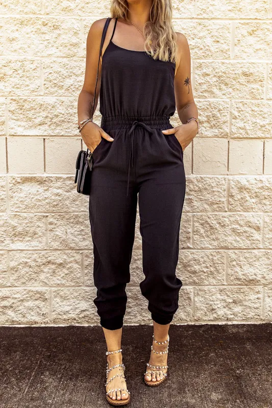 Black Drawstring Waist Spaghetti Straps Jumpsuit sold by Beagle Boutique