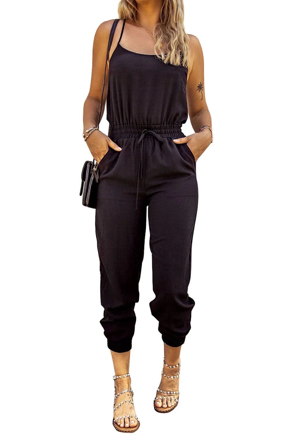Black Drawstring Waist Spaghetti Straps Jumpsuit sold by Beagle Boutique product image thumbnail 3