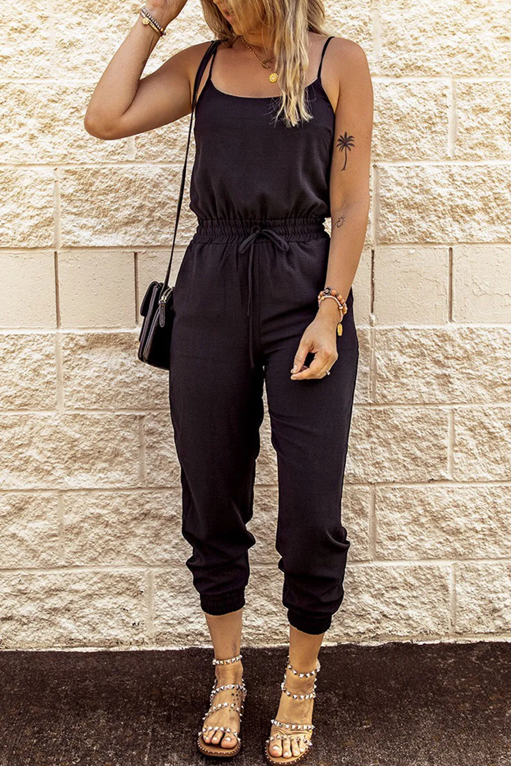 Black Drawstring Waist Spaghetti Straps Jumpsuit sold by Beagle Boutique product image thumbnail 2