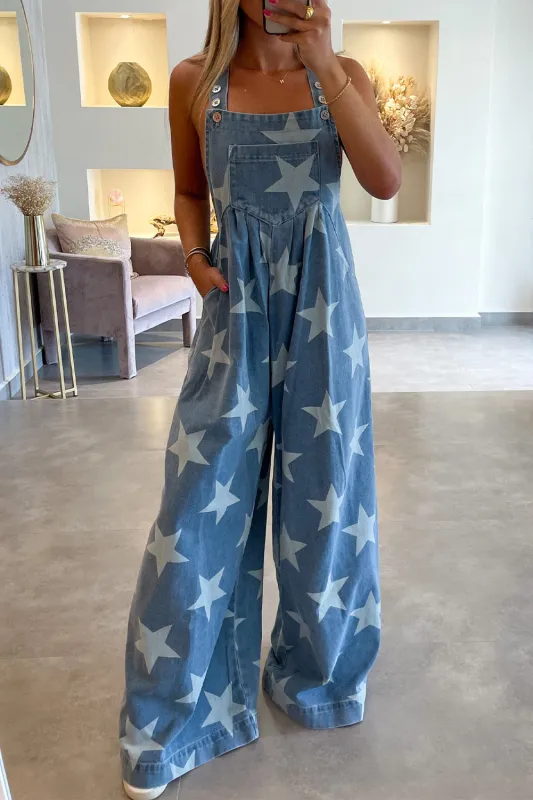 Star Print Buttoned Strap Pleat Wide Leg Denim Overall sold by Beagle Boutique