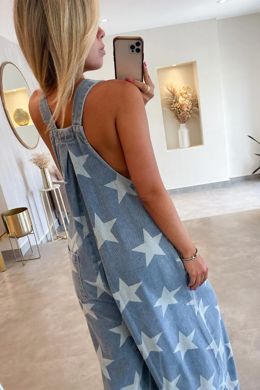 Star Print Buttoned Strap Pleat Wide Leg Denim Overall sold by Beagle Boutique product image thumbnail 2