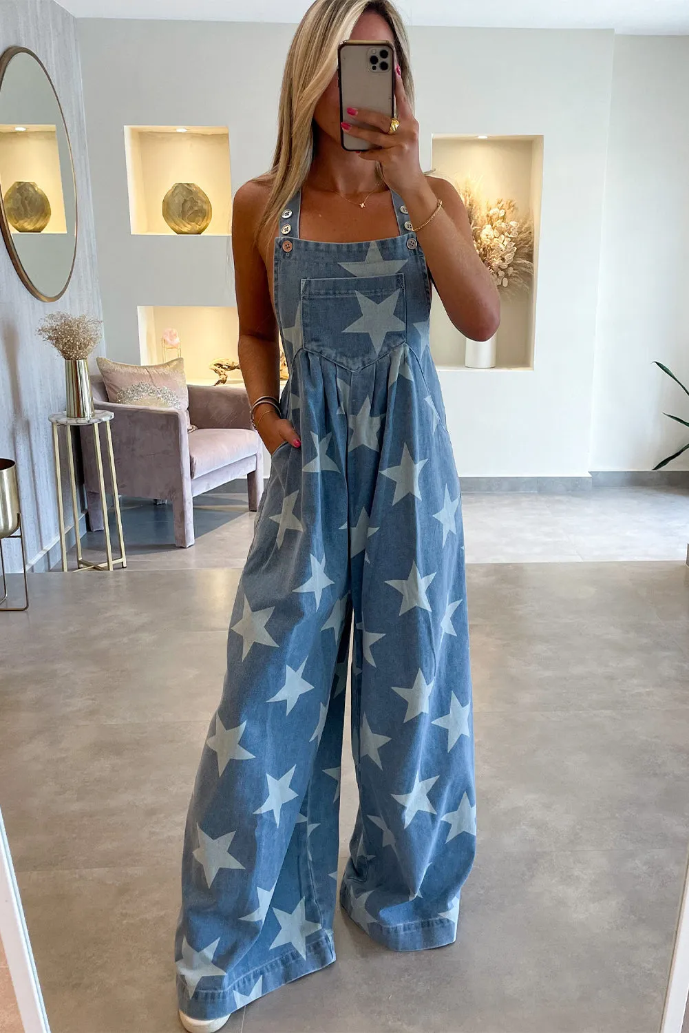 Star Print Buttoned Strap Pleat Wide Leg Denim Overall sold by Beagle Boutique product image thumbnail 3