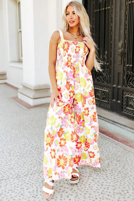 Multicolor Floral Print Shirred Sleeveless Wide Leg Jumpsuit sold by Beagle Boutique