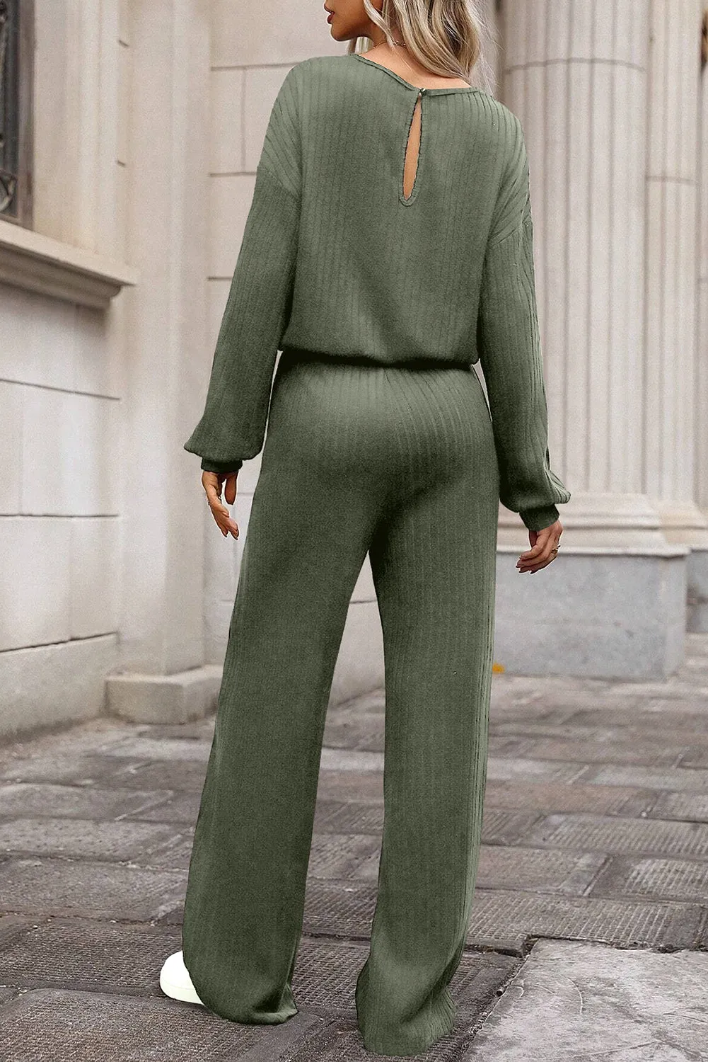 Laurel Green Solid Ribbed Knit Keyhole Back High Waist Jumpsuit sold by Beagle Boutique product image thumbnail 2