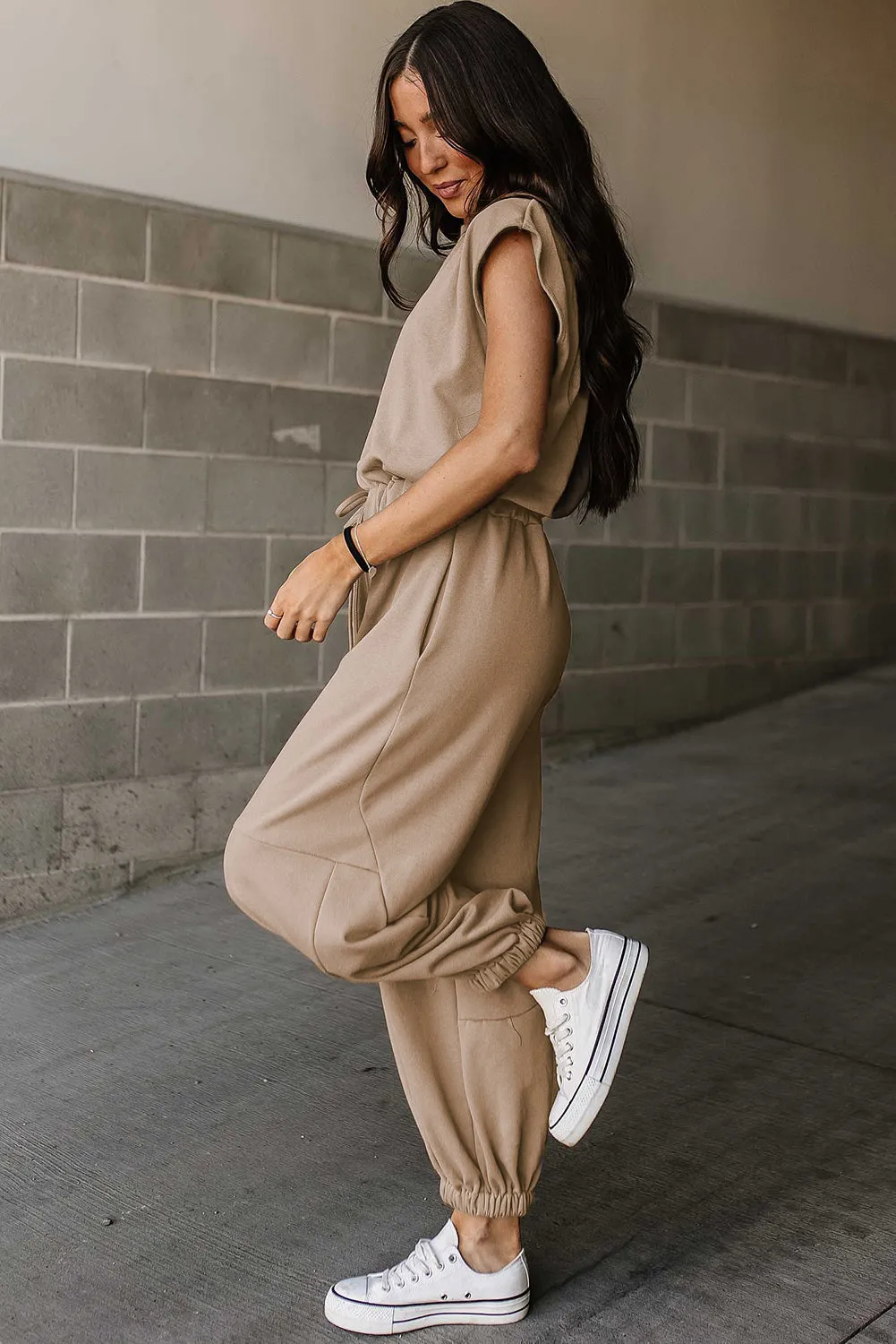 Light French Beige Cap Sleeve Open Back Drawstring Jogger Jumpsuit sold by Beagle Boutique product image thumbnail 3