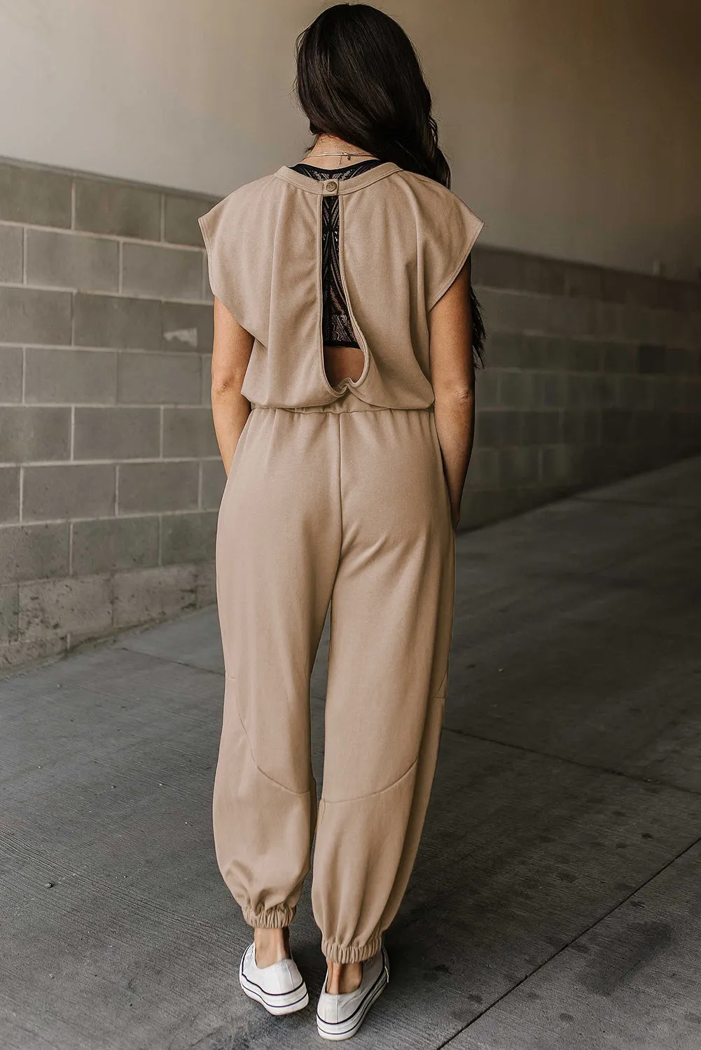 Light French Beige Cap Sleeve Open Back Drawstring Jogger Jumpsuit sold by Beagle Boutique product image thumbnail 2