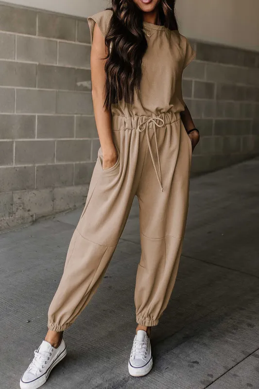 Light French Beige Cap Sleeve Open Back Drawstring Jogger Jumpsuit sold by Beagle Boutique