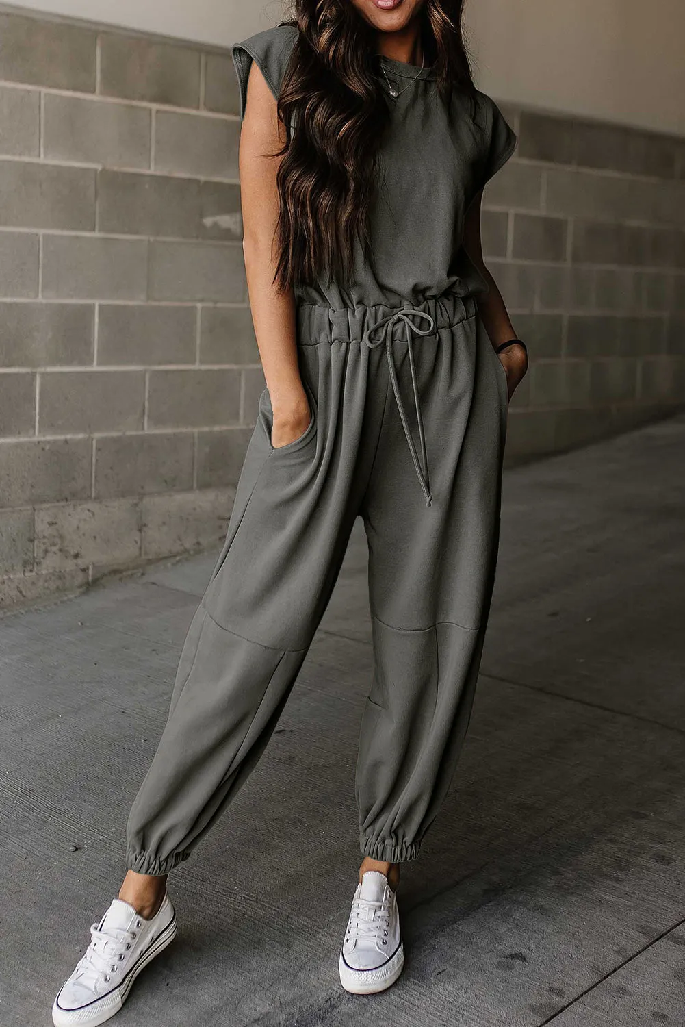 Light French Beige Cap Sleeve Open Back Drawstring Jogger Jumpsuit sold by Beagle Boutique product image thumbnail 4