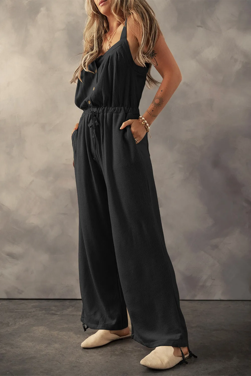 Black Knotted Straps Button Textured Drawstring Jumpsuit sold by Beagle Boutique product image thumbnail 3