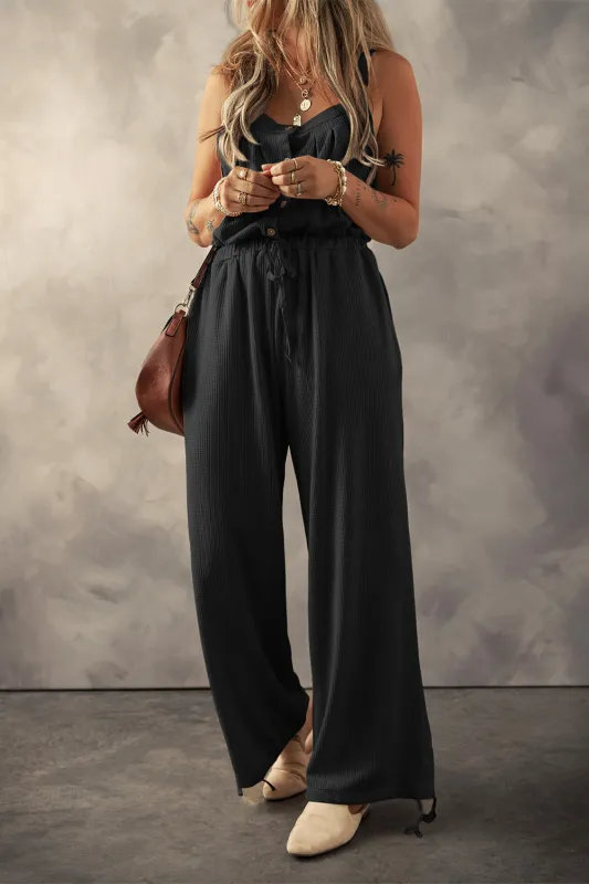 Black Knotted Straps Button Textured Drawstring Jumpsuit sold by Beagle Boutique