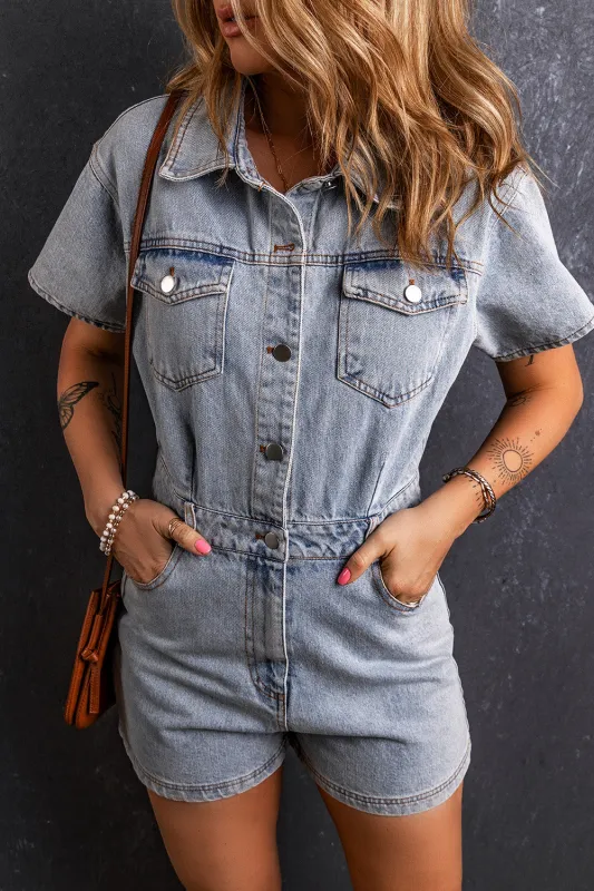 Light Blue Vintage Washed Buttons Pocketed Denim Romper sold by Beagle Boutique