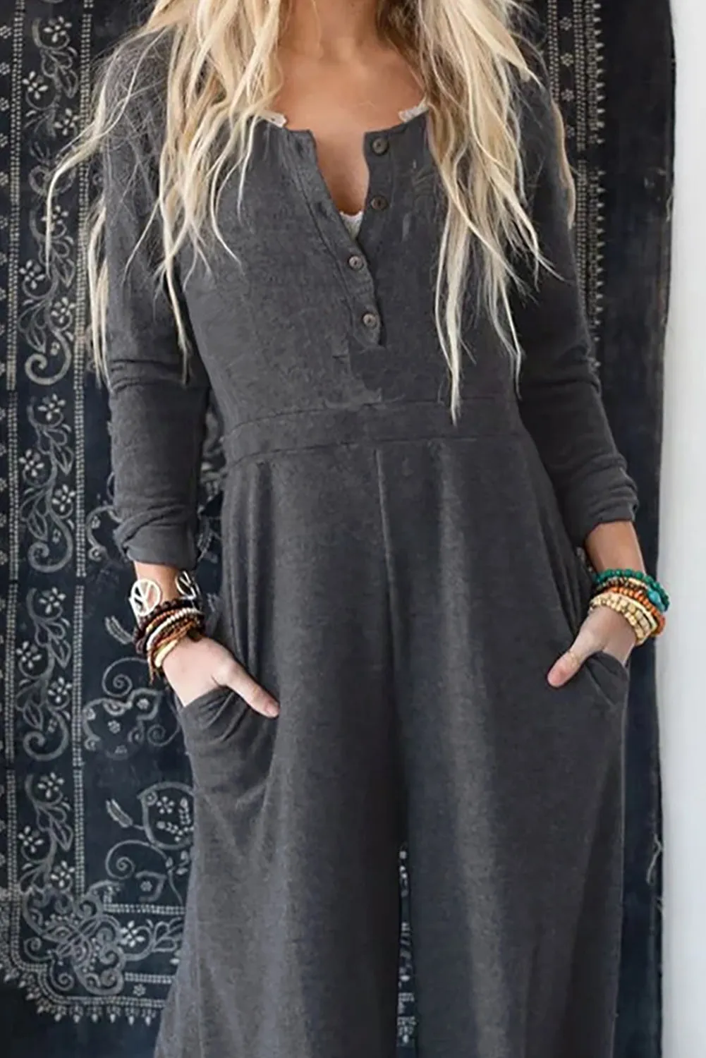 Grey Button Long Sleeve Wide Leg Jumpsuit sold by Beagle Boutique product image thumbnail 2