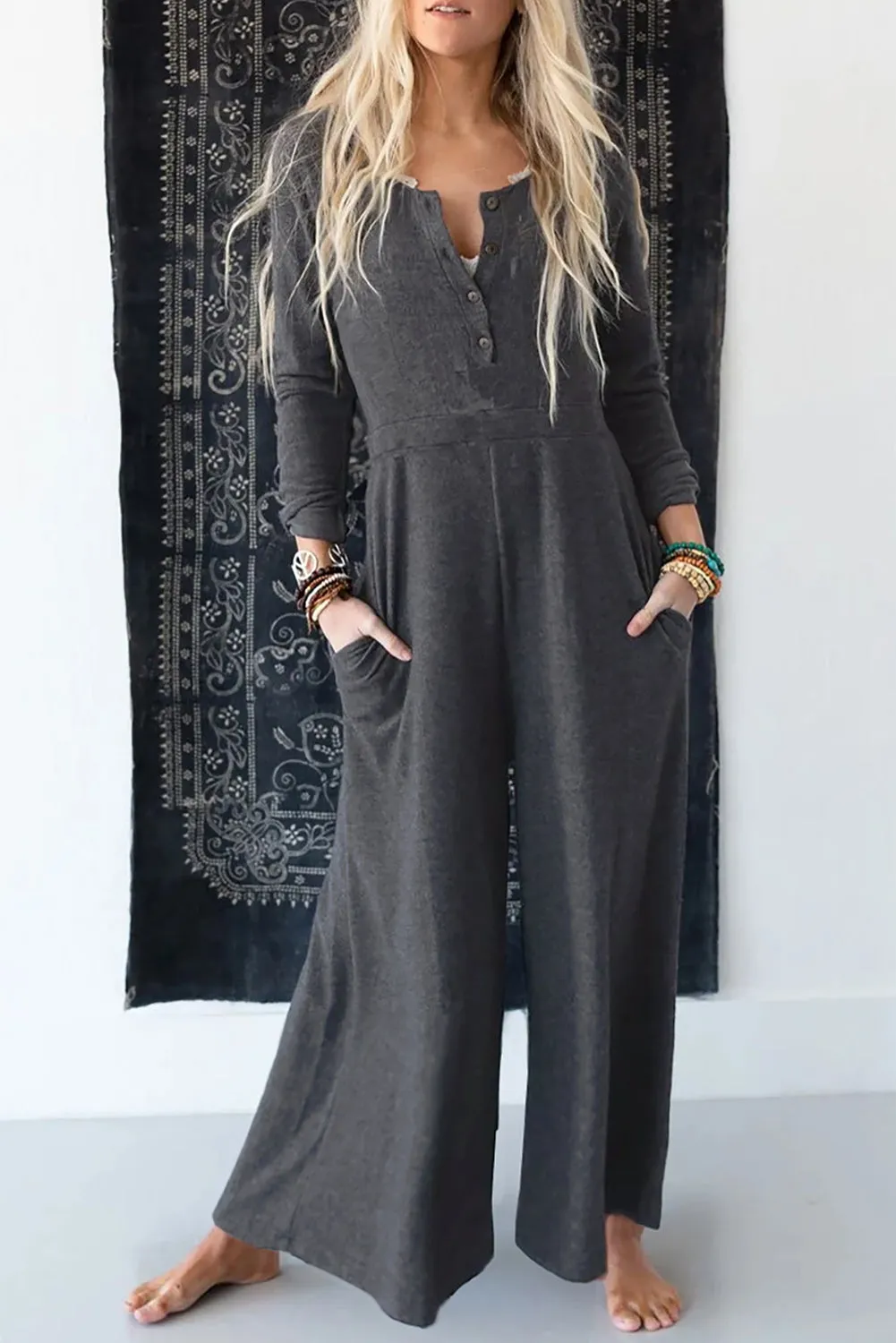 Grey Button Long Sleeve Wide Leg Jumpsuit sold by Beagle Boutique