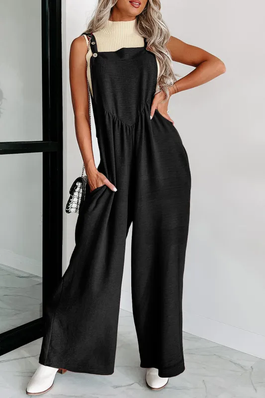 Black Textured Buttoned Straps Ruched Wide Leg Jumpsuit sold by Beagle Boutique