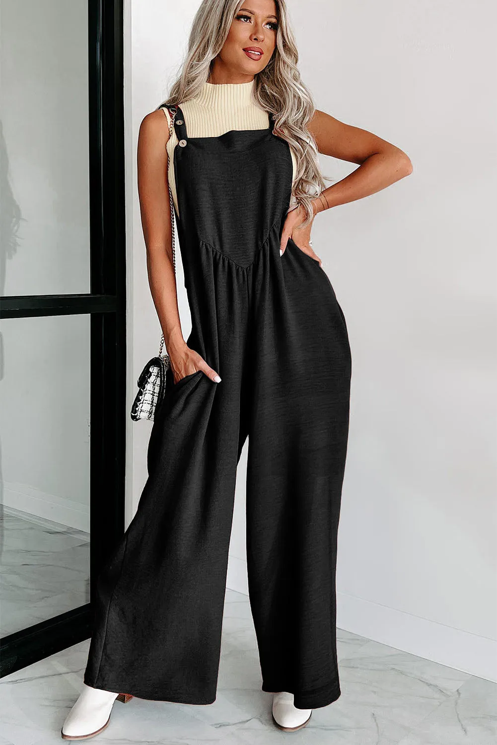 Black Textured Buttoned Straps Ruched Wide Leg Jumpsuit sold by Beagle Boutique product image thumbnail 3