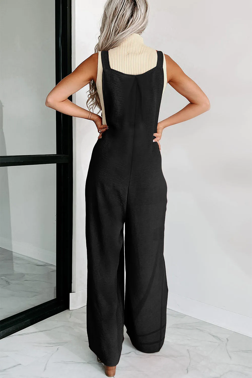 Black Textured Buttoned Straps Ruched Wide Leg Jumpsuit sold by Beagle Boutique product image thumbnail 2
