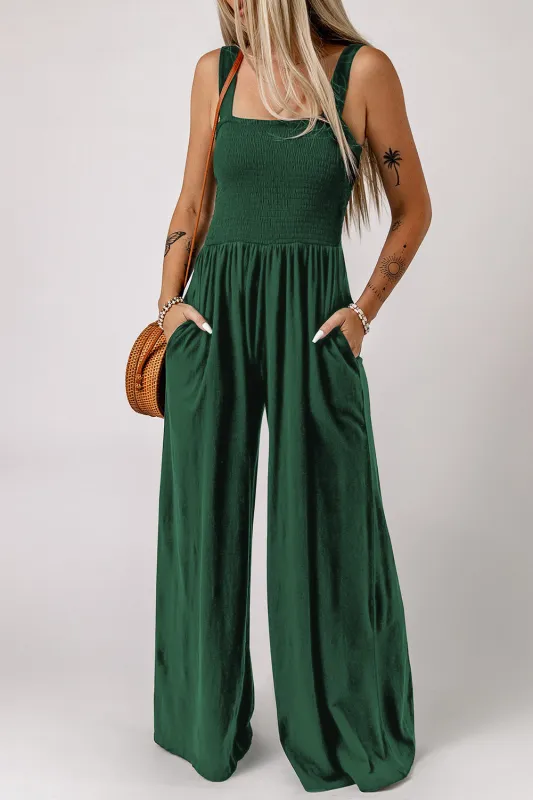 Green Smocked Sleeveless Wide Leg Jumpsuit with Pockets sold by Beagle Boutique