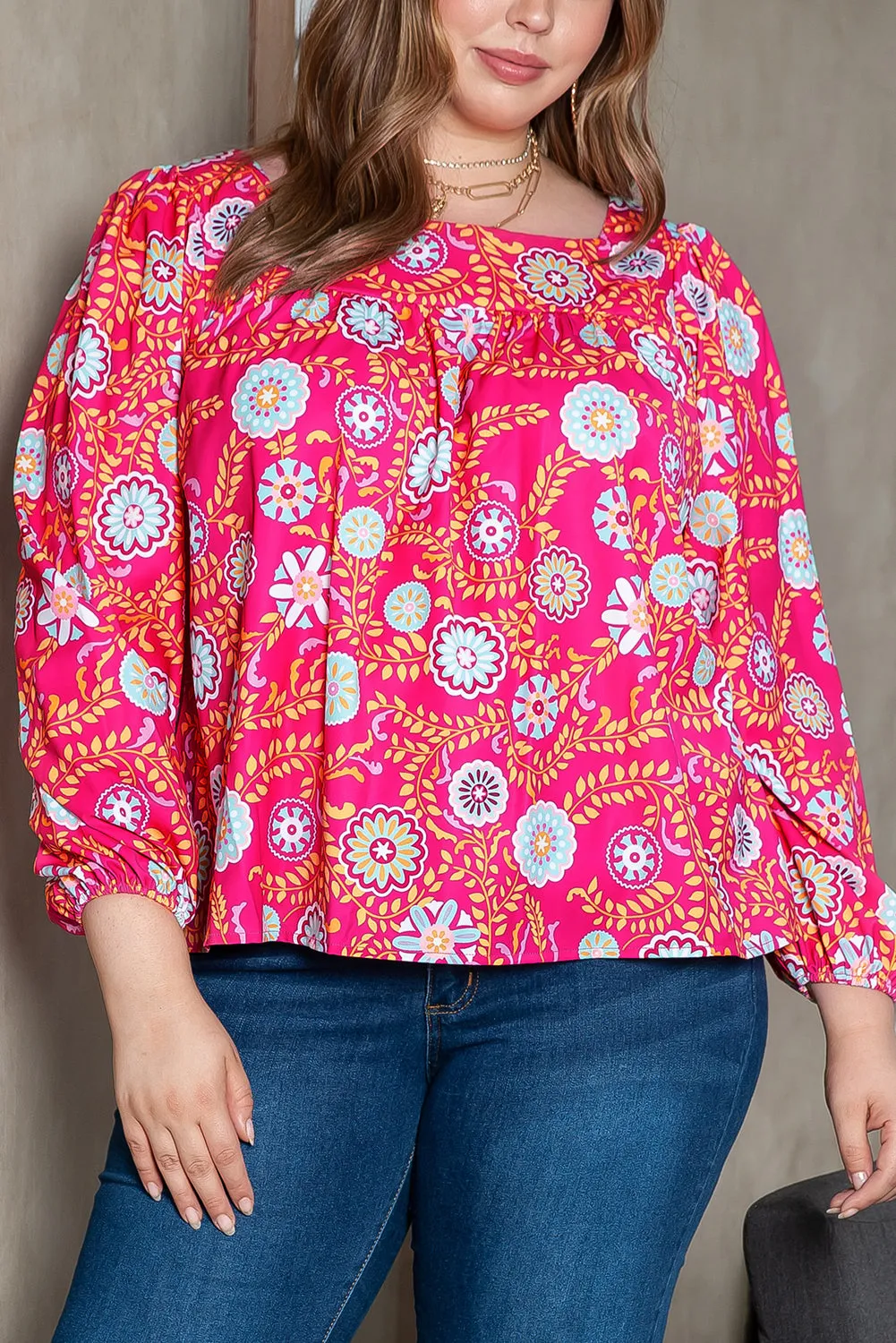Pink Plus Size Square Neck Floral Blouse sold by Beagle Boutique