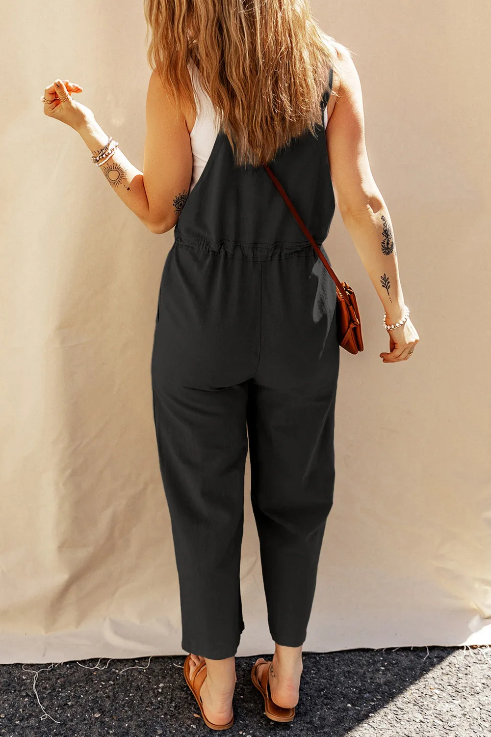 Black Drawstring Buttoned Straps Cropped Overall sold by Beagle Boutique product image thumbnail 2