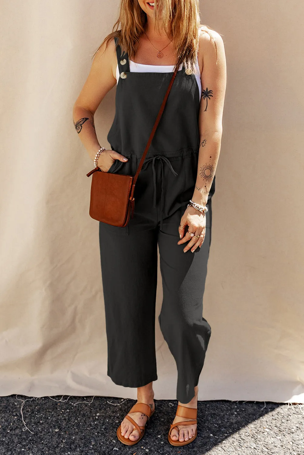 Black Drawstring Buttoned Straps Cropped Overall sold by Beagle Boutique product image thumbnail 3