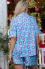 Sky Blue Cute Flower Print Contrast Trim Plus Size Short PJ Set sold by Beagle Boutique