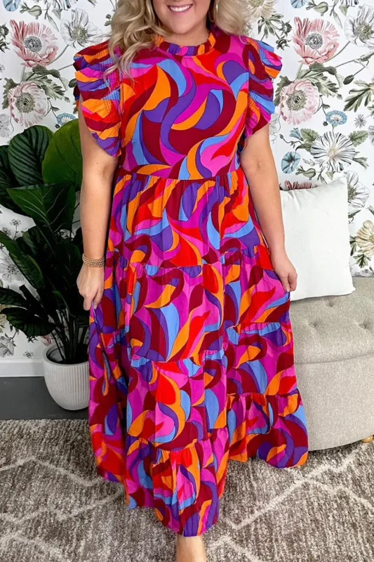Multicolour Plus Abstract Print Ruffled Mock Neck Tiered Maxi Dress sold by Beagle Boutique
