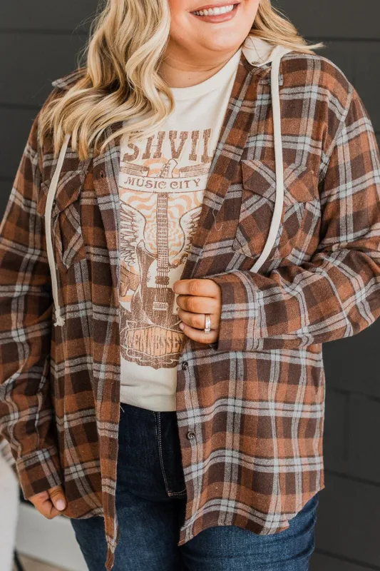 Brown Plus Size Plaid Contrast Button up Hooded Jacket sold by Beagle Boutique