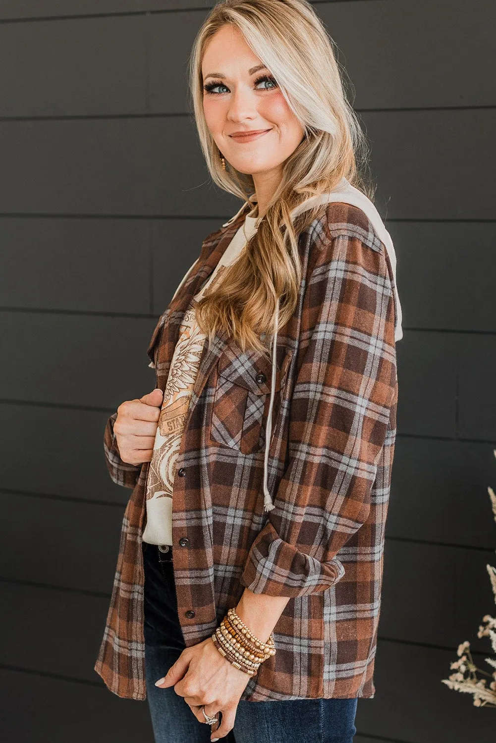 Brown Plus Size Plaid Contrast Button up Hooded Jacket sold by Beagle Boutique product image thumbnail 3