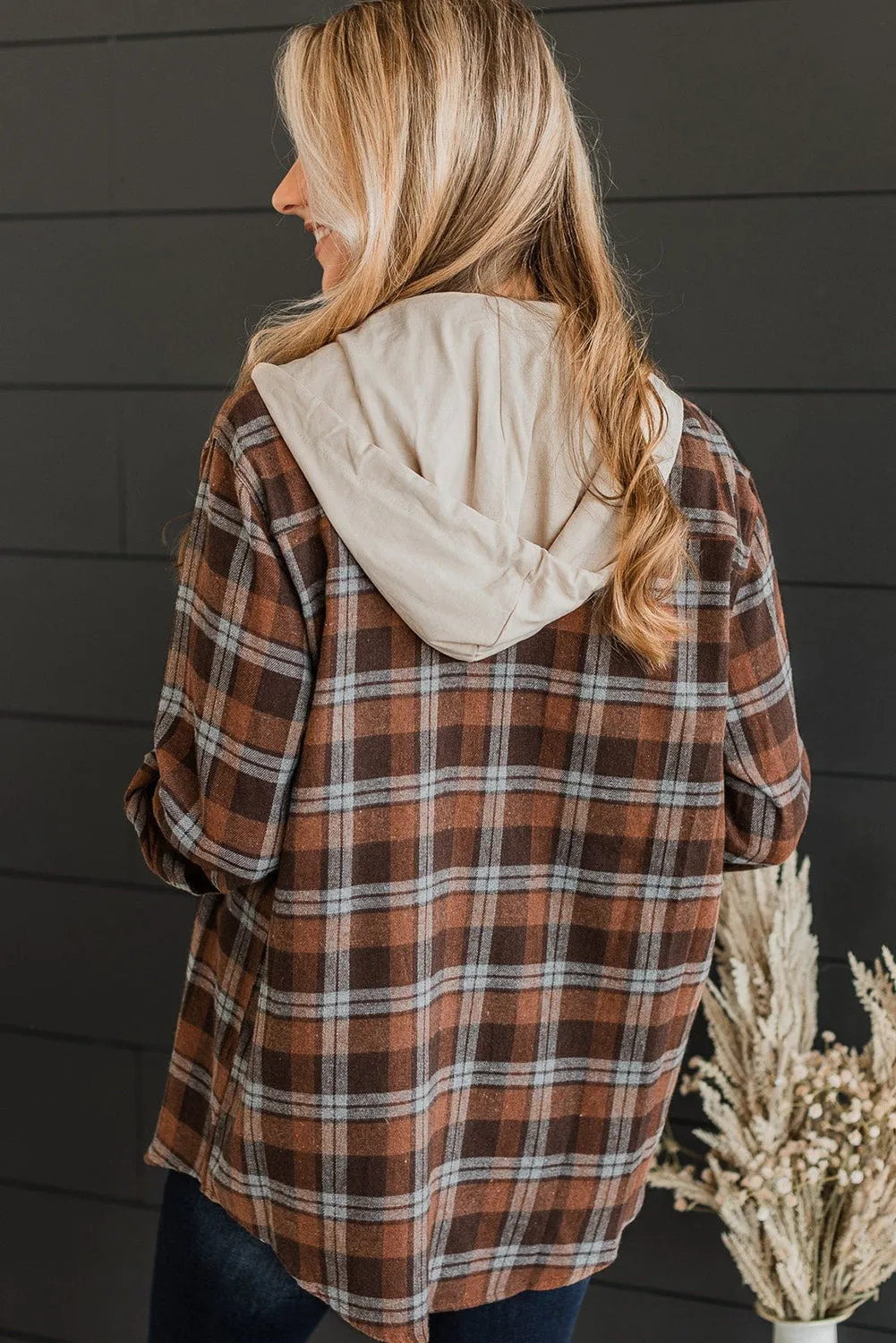 Brown Plus Size Plaid Contrast Button up Hooded Jacket sold by Beagle Boutique product image thumbnail 2