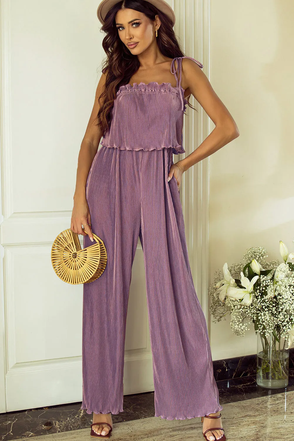 Rose Tan Solid Self Tied Straps Pleated Wide Leg Jumpsuit sold by Beagle Boutique product image thumbnail 3