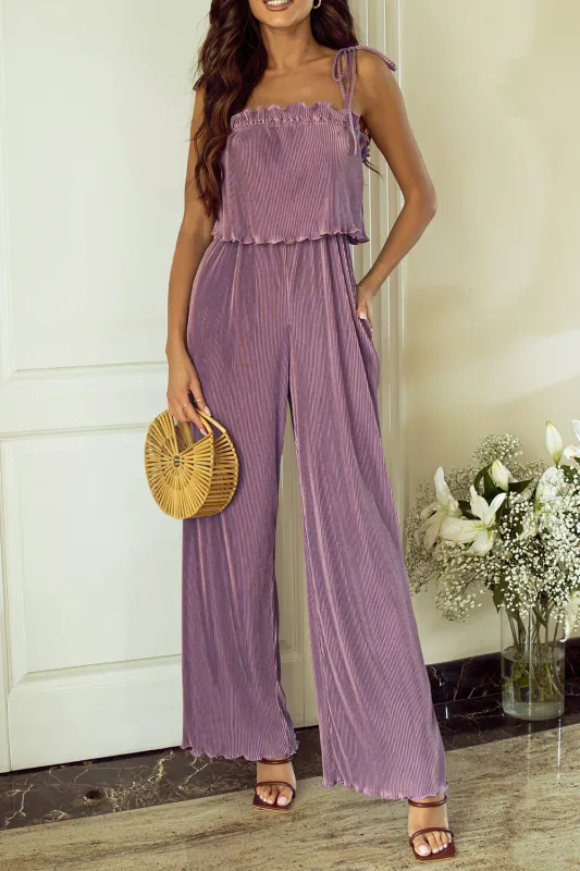 Rose Tan Solid Self Tied Straps Pleated Wide Leg Jumpsuit made by Beagle Boutique