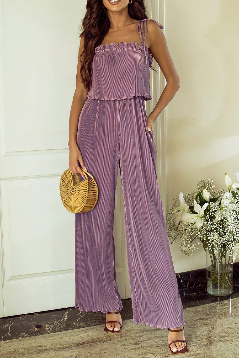Rose Tan Solid Self Tied Straps Pleated Wide Leg Jumpsuit sold by Beagle Boutique