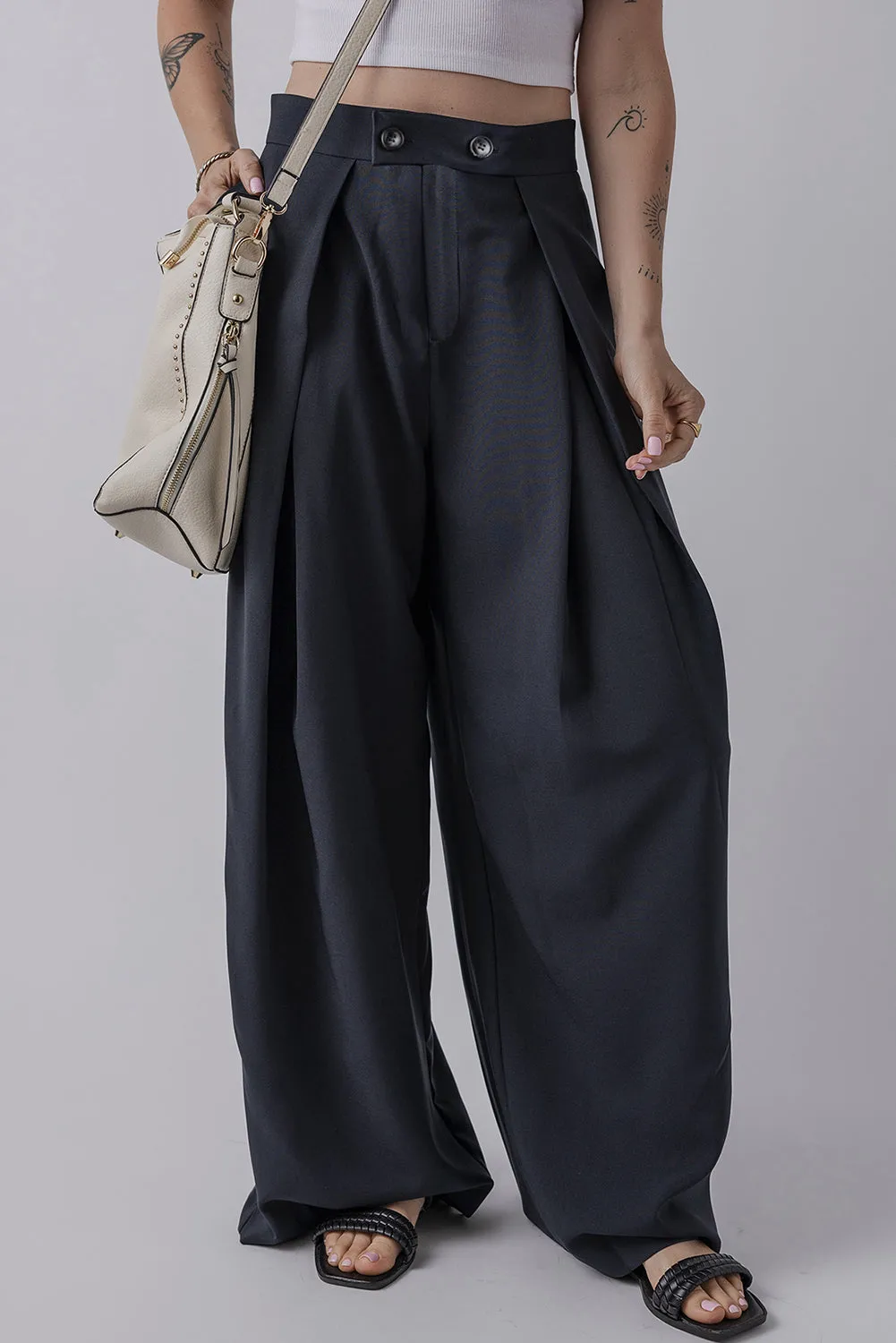 Dual Buttoned High Waist Pleated Wide Leg Trousers sold by Beagle Boutique