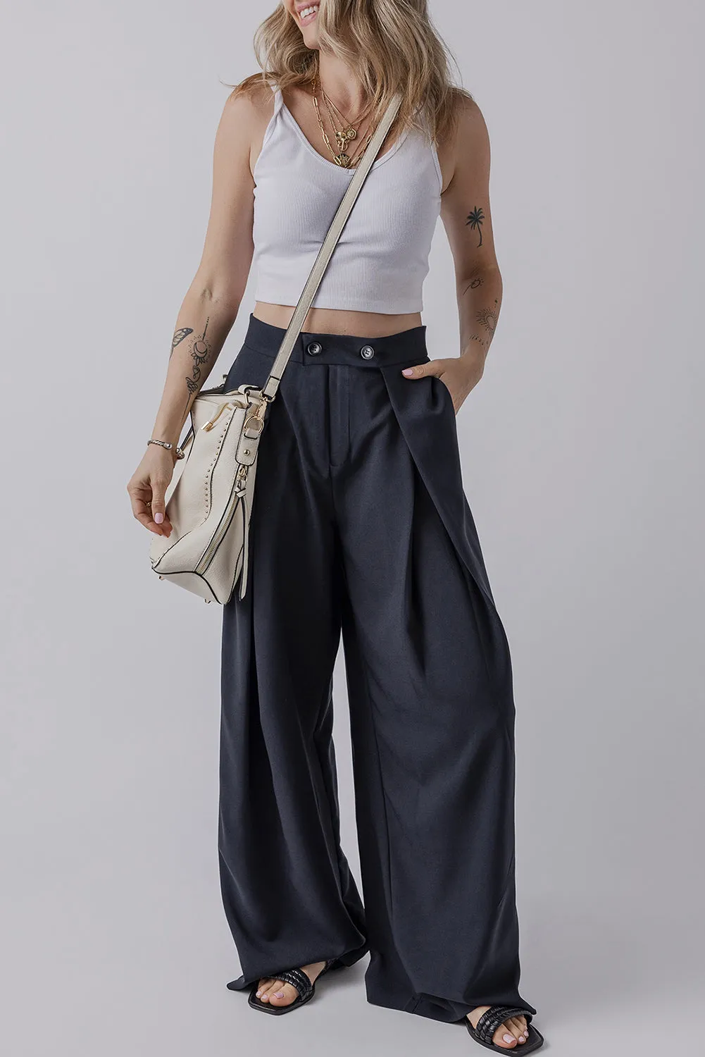 Dual Buttoned High Waist Pleated Wide Leg Trousers sold by Beagle Boutique product image thumbnail 3