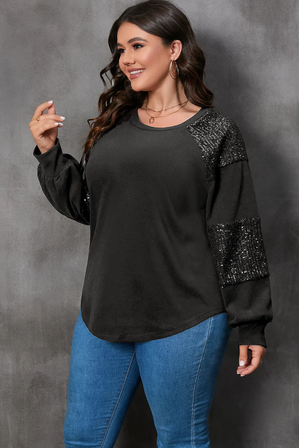 Black Plus Size Sequin Patchwork Crew Neck Long Sleeve Top sold by Beagle Boutique product image thumbnail 3