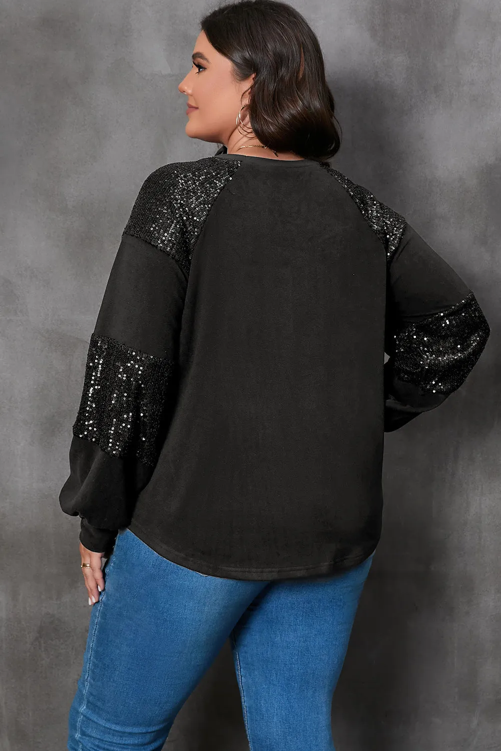 Black Plus Size Sequin Patchwork Crew Neck Long Sleeve Top sold by Beagle Boutique product image thumbnail 2