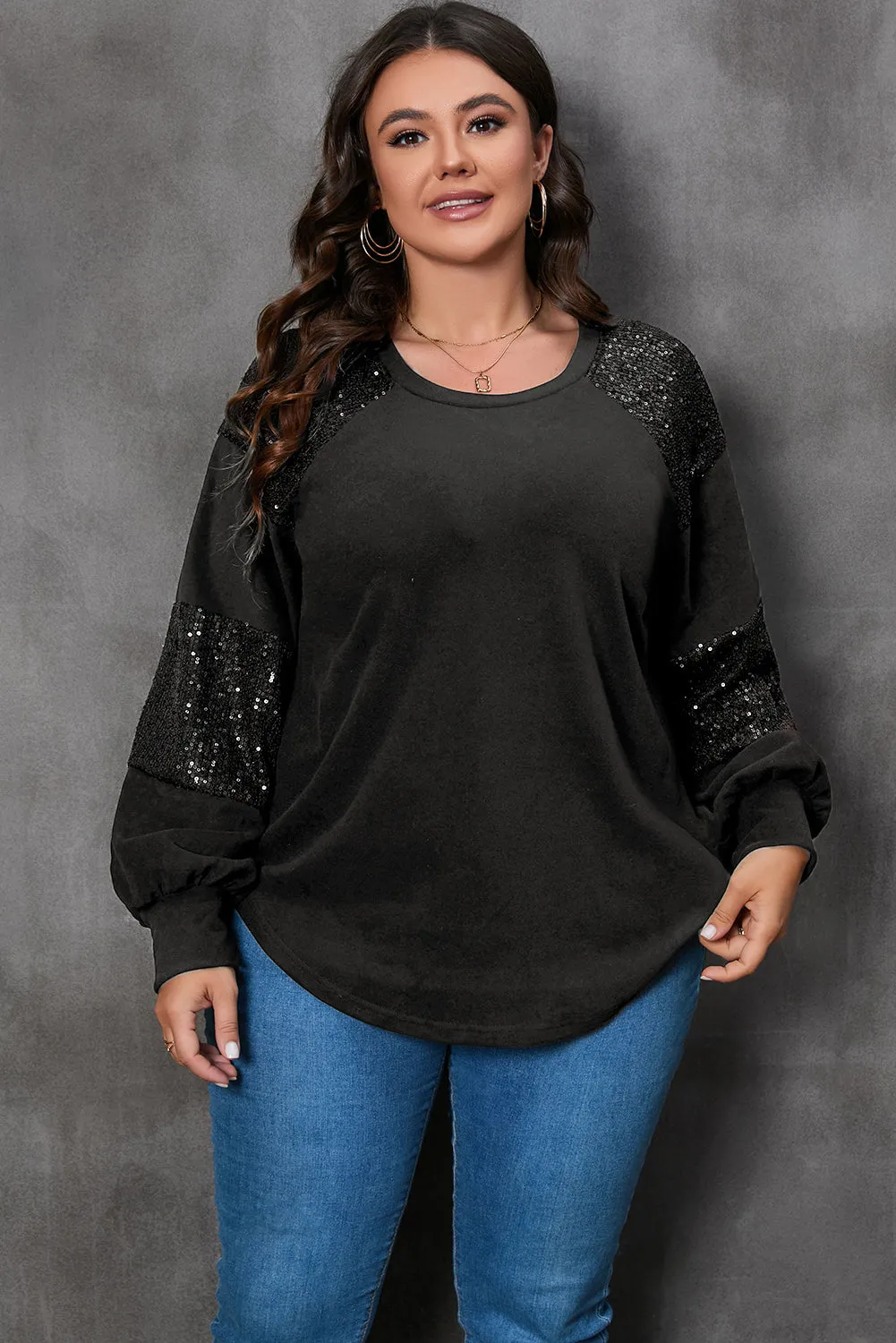 Black Plus Size Sequin Patchwork Crew Neck Long Sleeve Top sold by Beagle Boutique