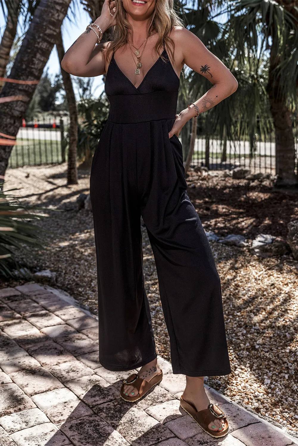 Black Wide Leg High Waist V Neck Cami Jumpsuit sold by Beagle Boutique product image thumbnail 2