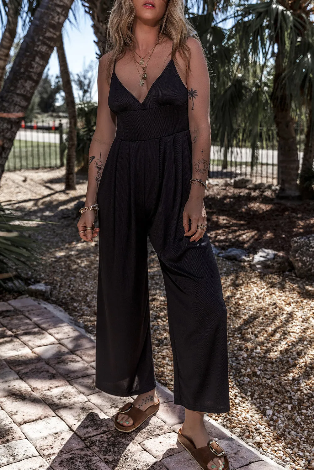 Black Wide Leg High Waist V Neck Cami Jumpsuit sold by Beagle Boutique