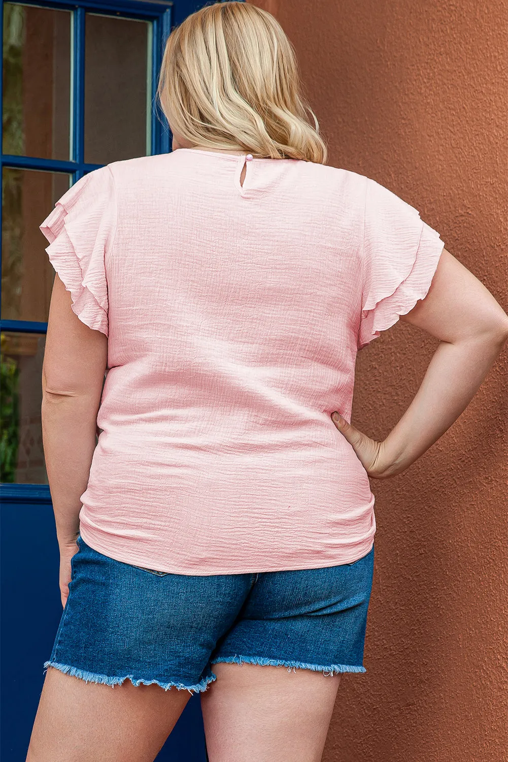 Light Pink Plus Size Crinkle Textured Ruffle Sleeve Top sold by Beagle Boutique product image thumbnail 2