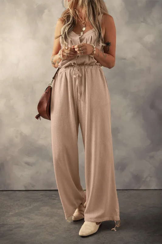 Pale Khaki Knotted Straps Button Textured Drawstring Jumpsuit sold by Beagle Boutique