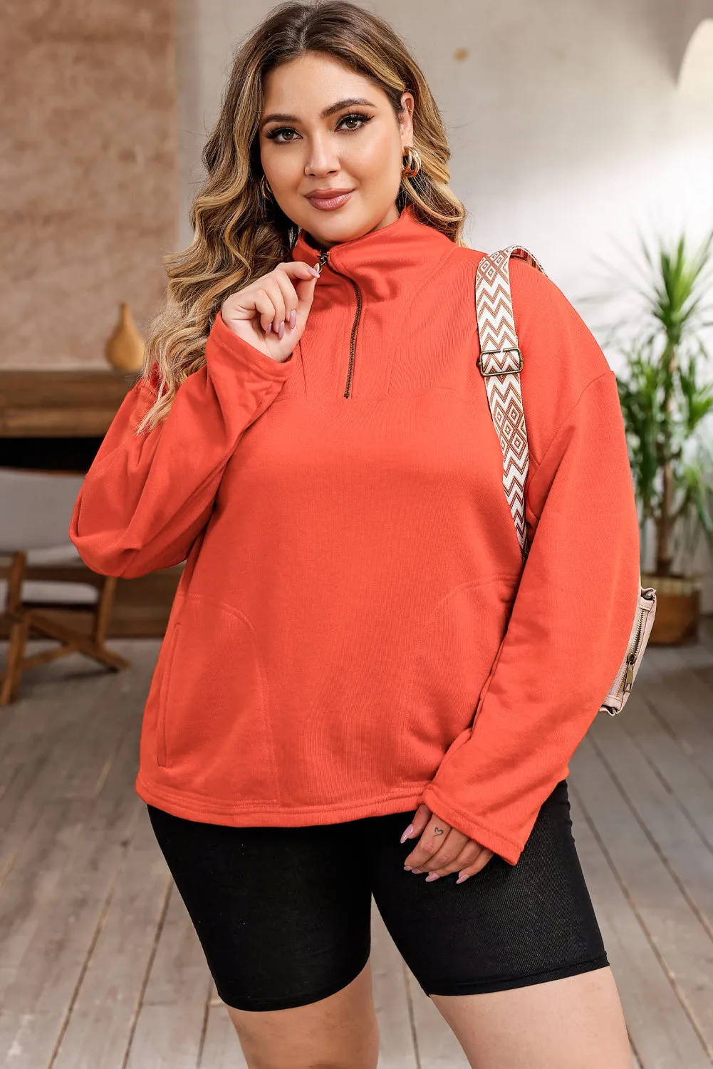 Orange O-ring Zipper Pocketed Plus Size Sweatshirt sold by Beagle Boutique