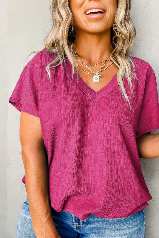 Bright Pink Textured V Neck Bubble Hem Plus Top sold by Beagle Boutique