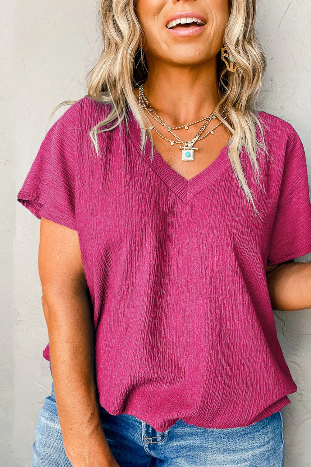 Bright Pink Textured V Neck Bubble Hem Plus Top sold by Beagle Boutique