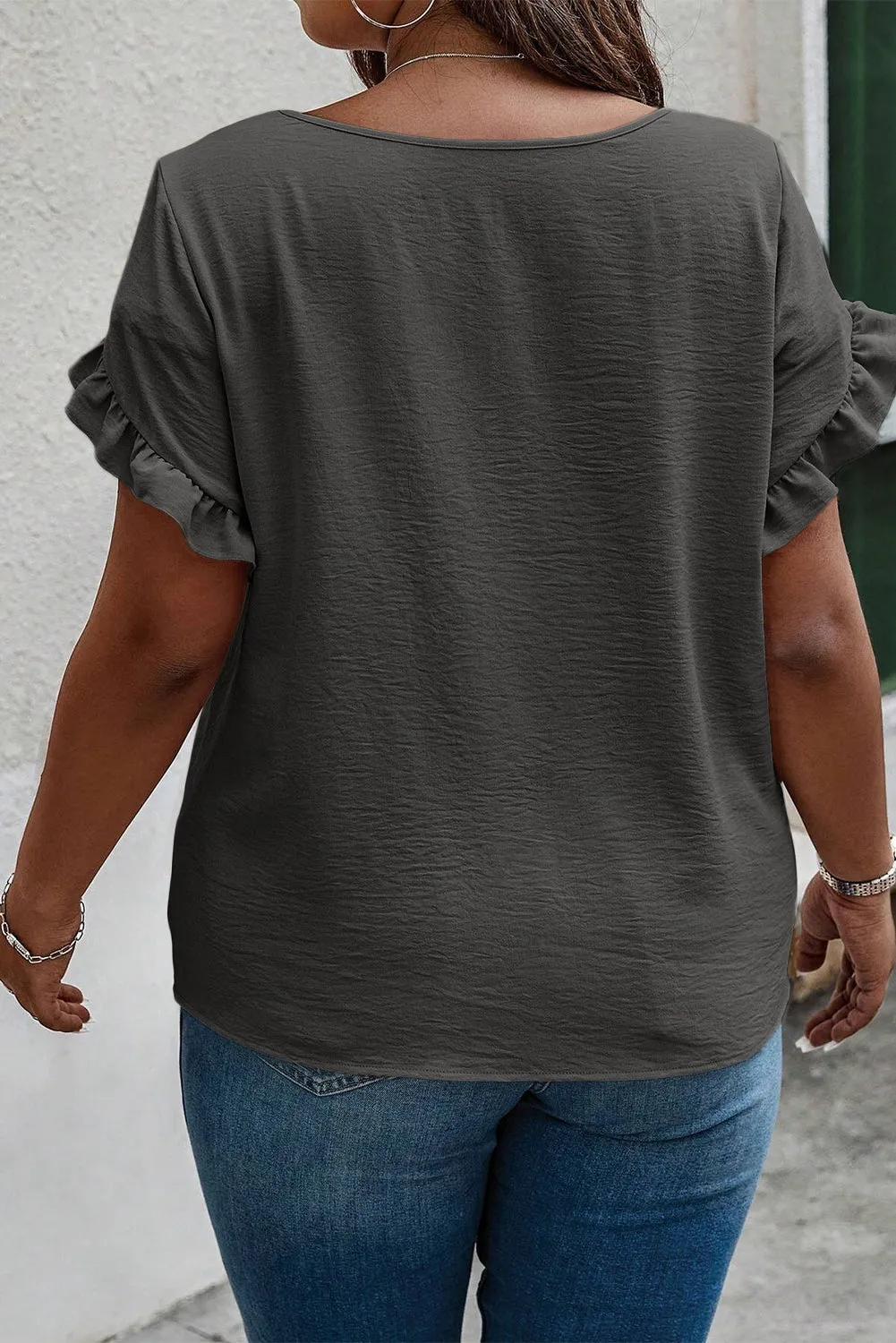 Dark Grey Ruffled Short Sleeve Plus Size Top sold by Beagle Boutique product image thumbnail 2