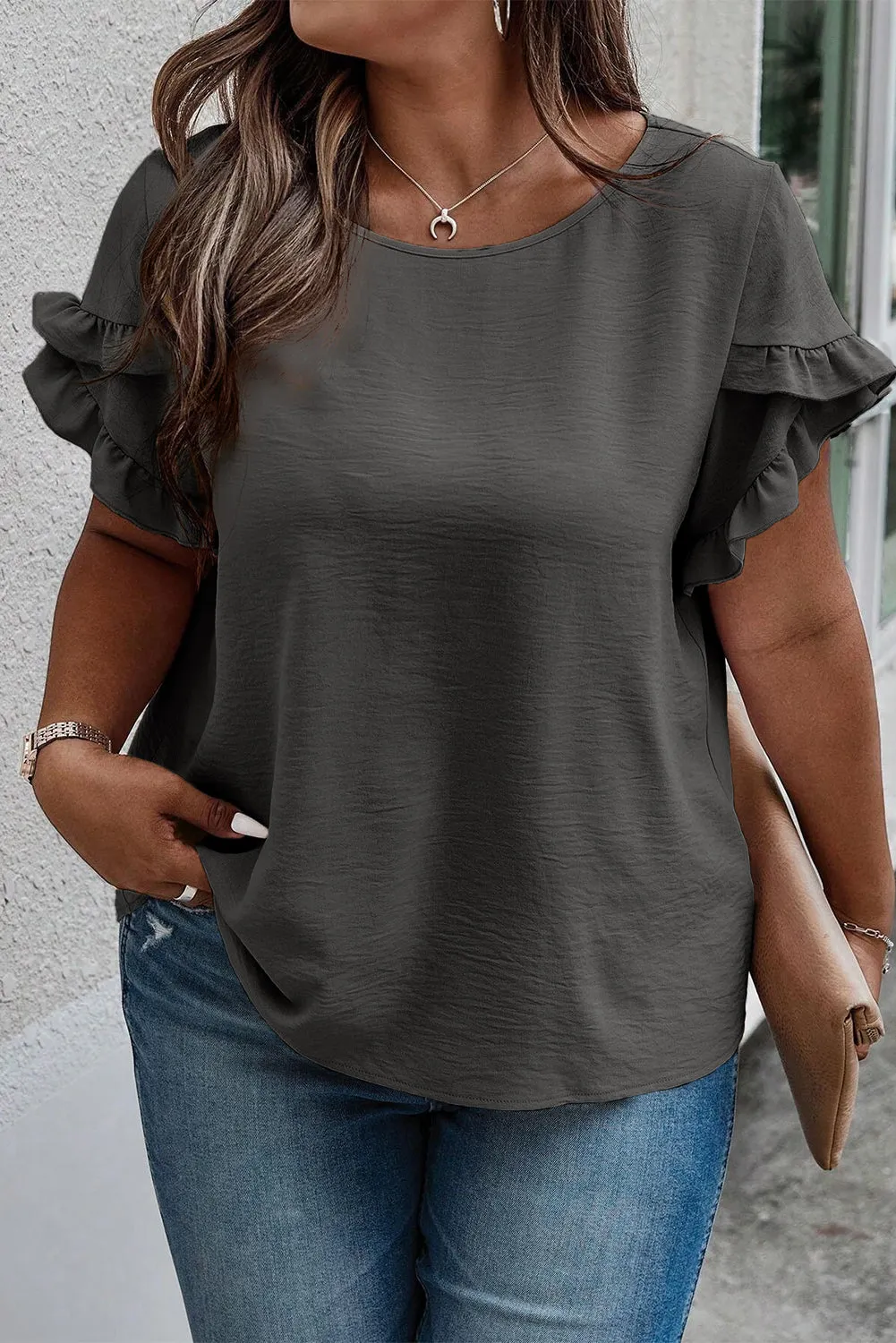 Dark Grey Ruffled Short Sleeve Plus Size Top sold by Beagle Boutique